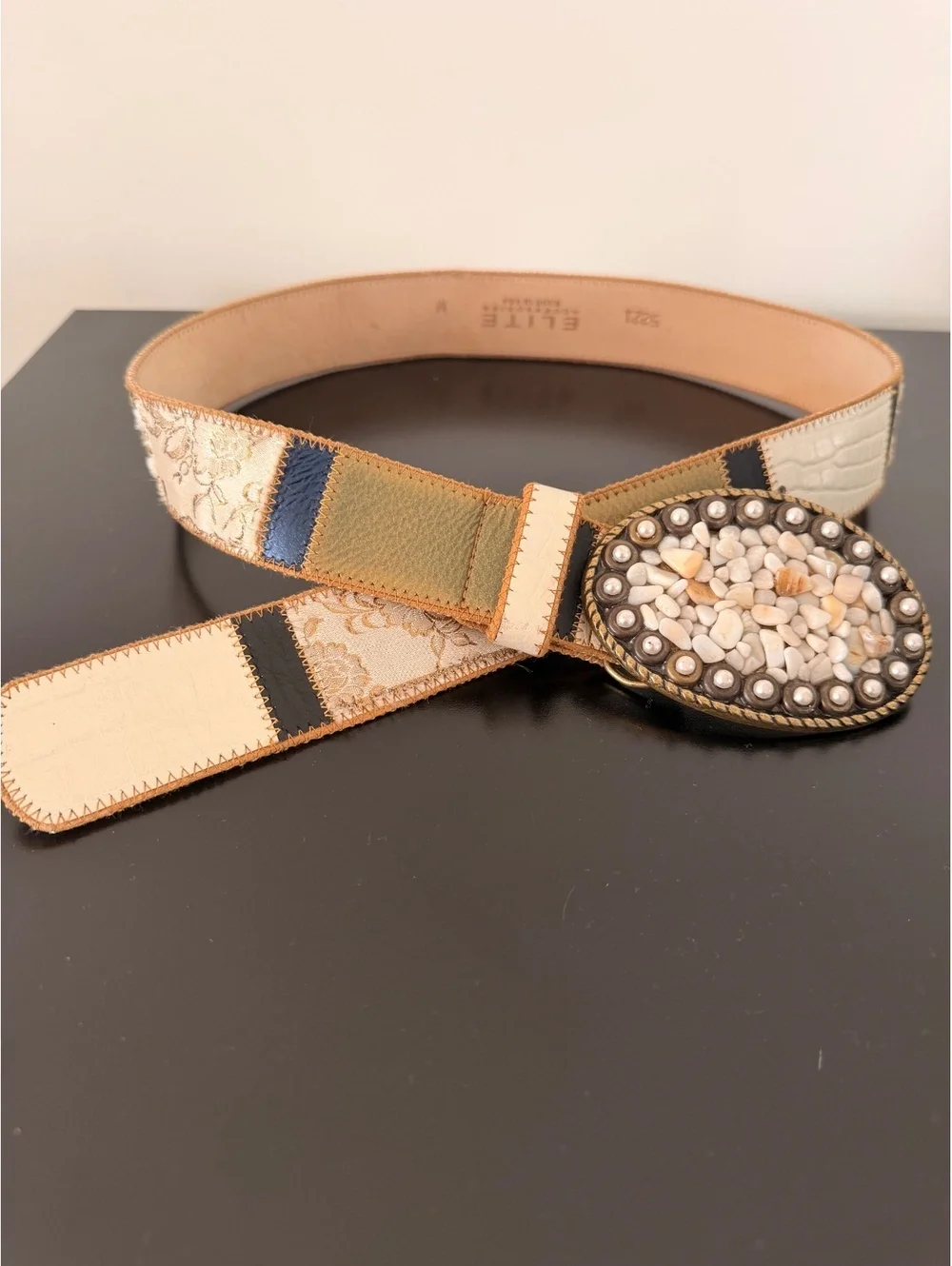 VIntage Elite Accessories Patchwork Belt with Decorative Stone Buckle